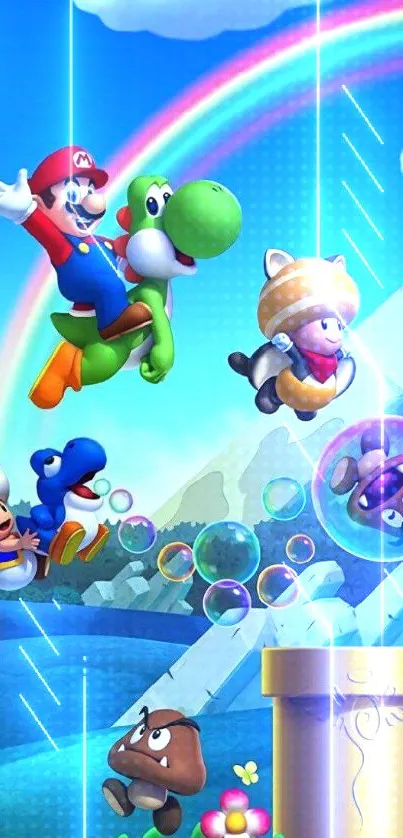 Vibrant Super Mario mobile wallpaper with rainbow and characters.