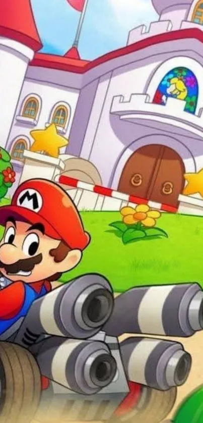 Animated character racing in a colorful kart by a castle.
