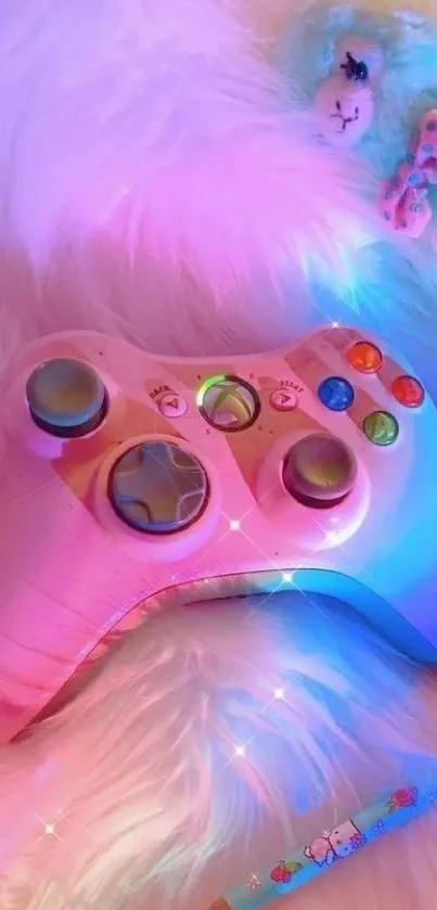 Pastel gaming setup with controller, plush toy, and pencil on fluffy surface.