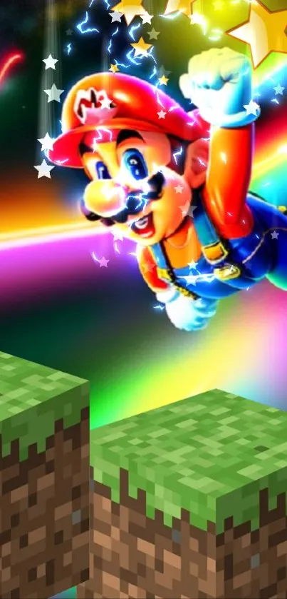 Rainbow-themed gaming character wallpaper with vibrant blocks.