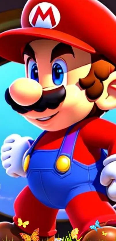 Gaming character in red outfit with butterflies and blue sky background.