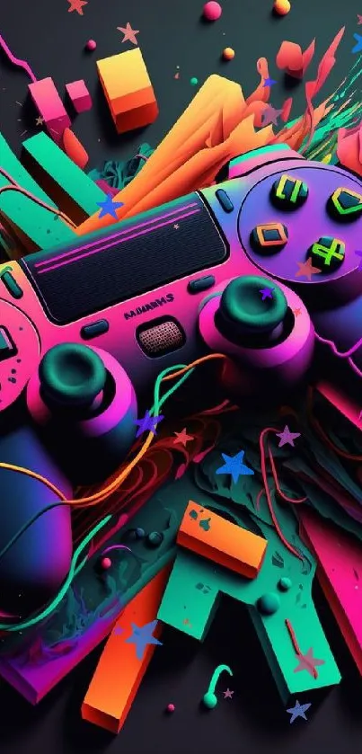 Vibrant gaming controller with neon colors and dynamic abstract design.