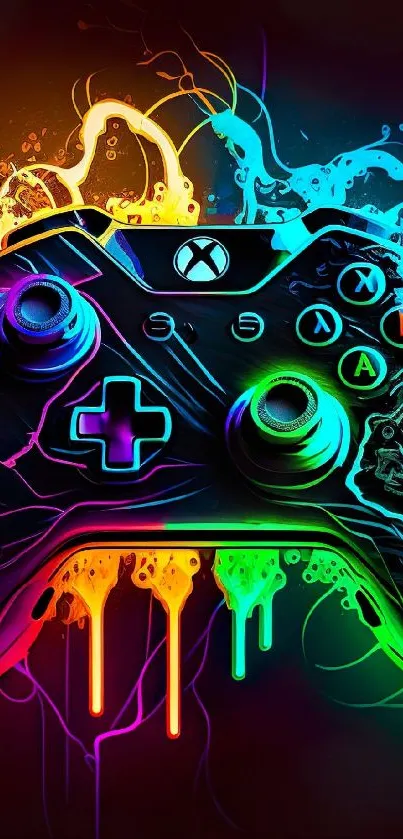 Colorful gaming controller with neon splashes on black background.