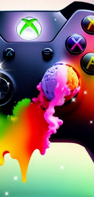 Vibrant gaming controller with colorful paint splash design.