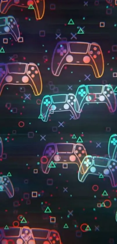 Neon gaming controller wallpaper with vibrant colors and geometric designs.