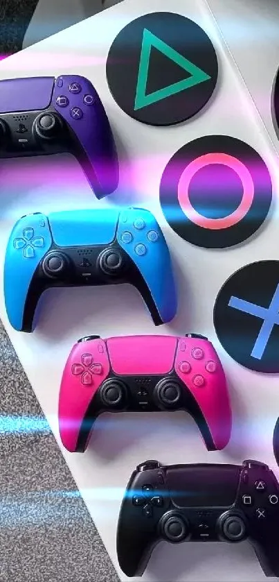 Vibrant setup with colorful PlayStation controllers.