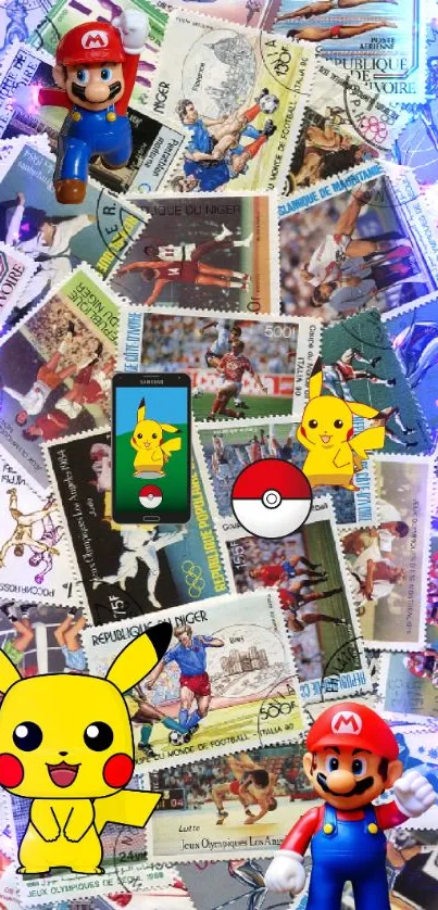 Colorful collage featuring Mario, Pikachu, and vintage stamps.