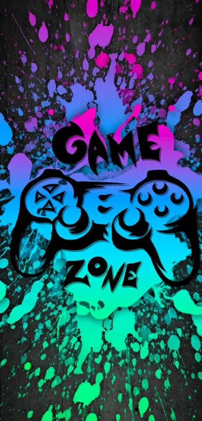 Vibrant game controller wallpaper with colorful neon splatter design.