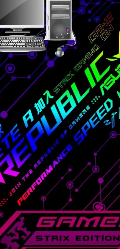 ASUS Republic colorful gaming wallpaper with tech symbols and vibrant design.