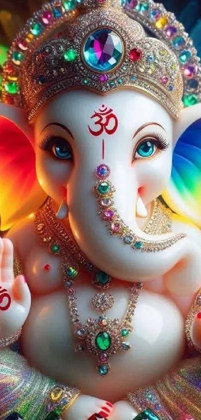 Colorful Ganesh statue with jewels and spiritual symbols