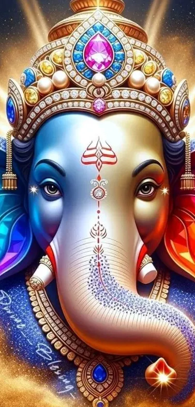 Colorful digital art of Ganesh with jewels and vibrant patterns.