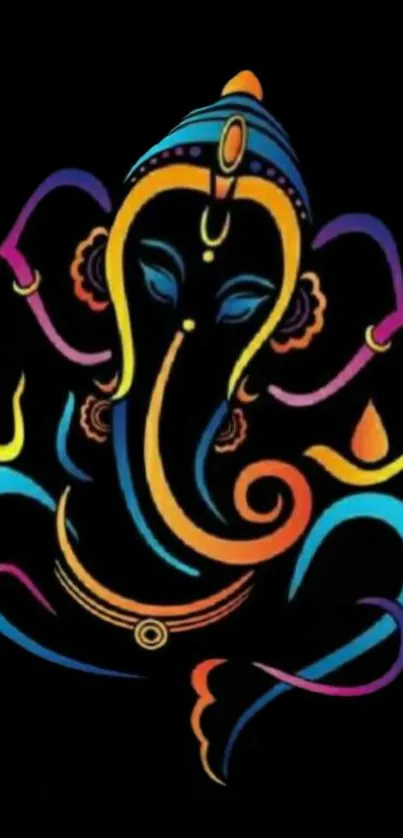 Colorful neon Ganesh artwork on black background for mobile wallpaper.