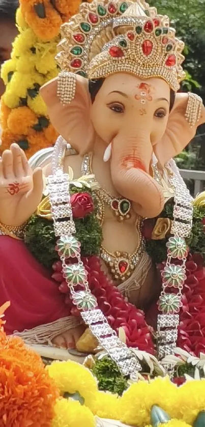 Ganesh statue adorned with colorful flowers during a festive celebration.