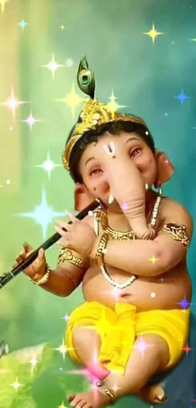 Vibrant wallpaper featuring Lord Ganesh playing a flute, surrounded by colorful sparkles.