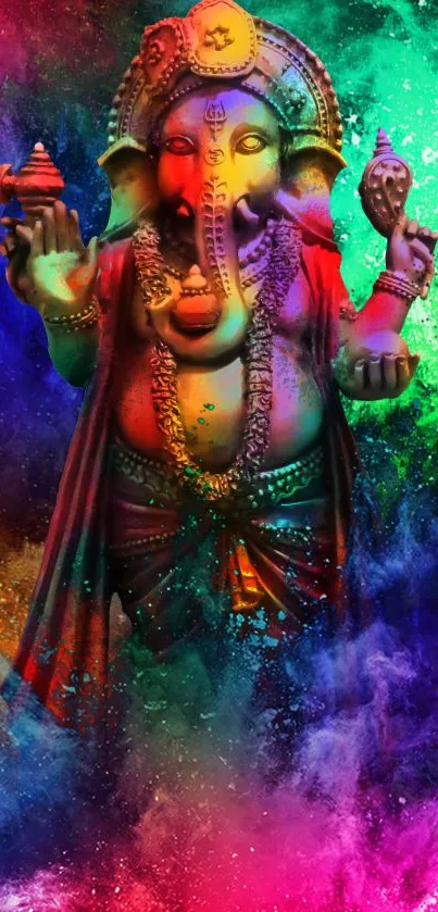 Colorful Ganesha statue on vibrant background.