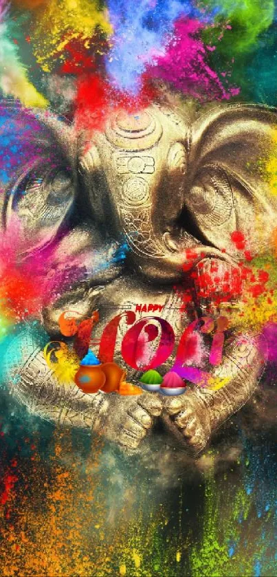 Colorful Ganesha with Holi colors on mobile wallpaper.