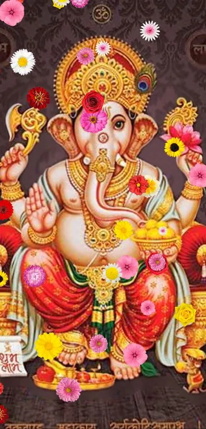 Vibrant depiction of Lord Ganesha with colorful floral accents in a regal pose.