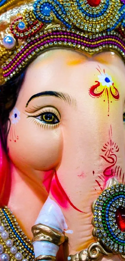 Colorful Ganesha wallpaper with intricate adornments and vibrant hues.