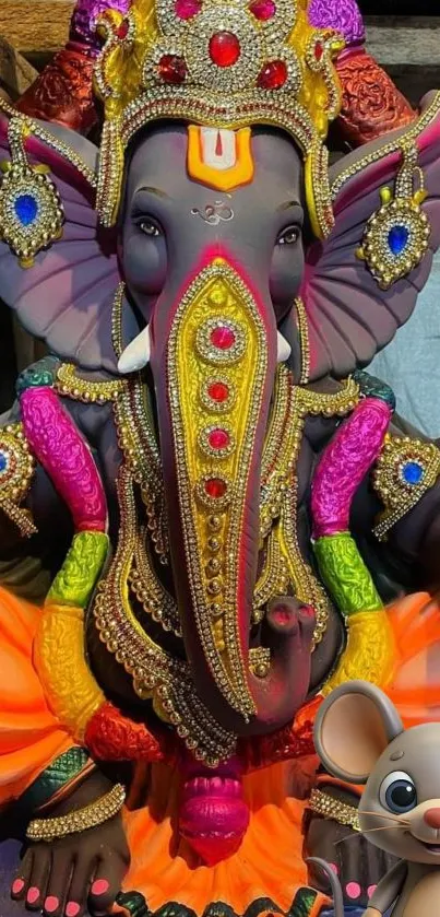 Statue of Ganesha with colorful and ornate details on a mobile wallpaper.