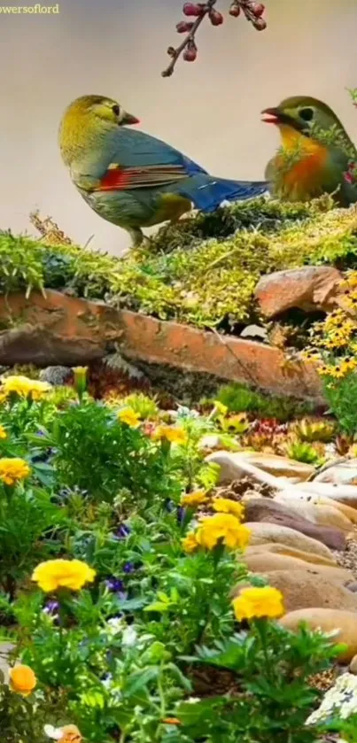 Colorful birds in a lush garden with vibrant flowers.