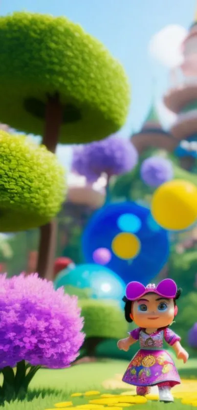 Vibrant fantasy garden wallpaper with colorful trees and character.