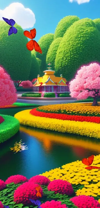 A vibrant garden scene with colorful flowers and trees in a mobile wallpaper.