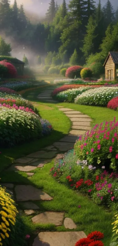 Colorful garden path with vibrant flowers and lush greenery in a scenic setting.