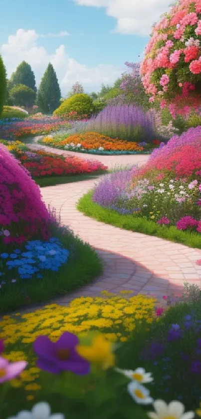 Vibrant garden pathway with blooming flowers and greenery.