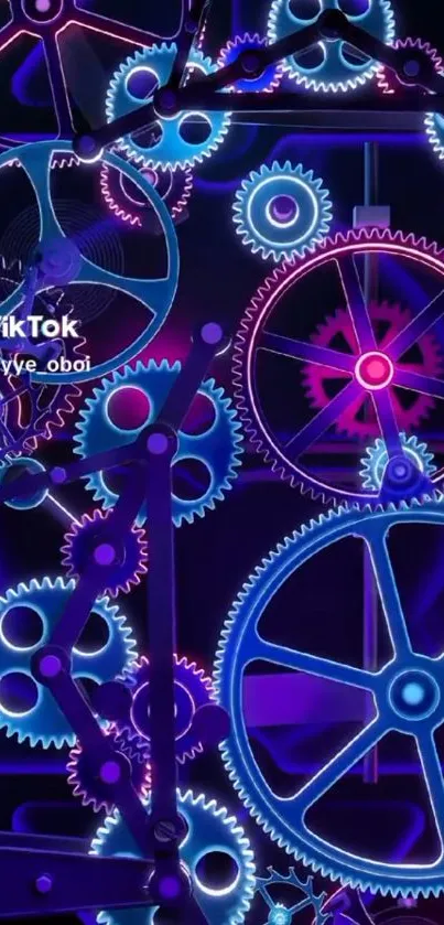 Vibrant neon gear mechanism with blue and purple hues.