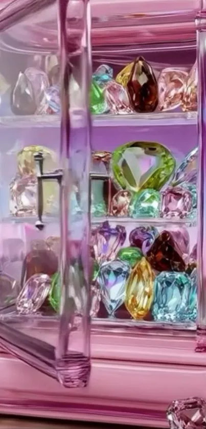 A glass case showcasing colorful gems and jewels.