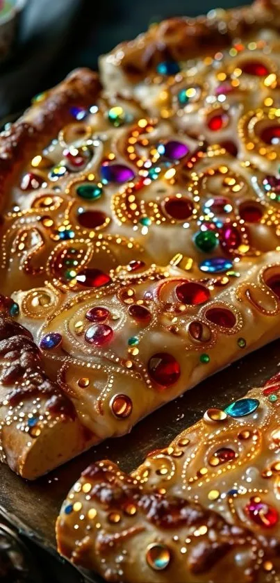 Ornate bread with colorful gems design.