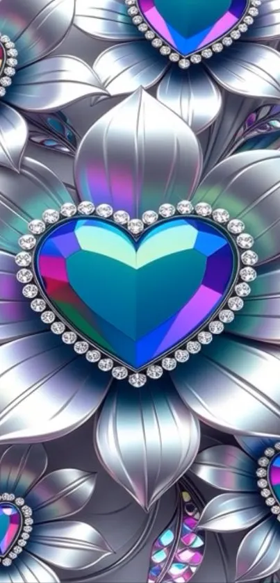 Colorful gemstone heart on metallic flowers background.