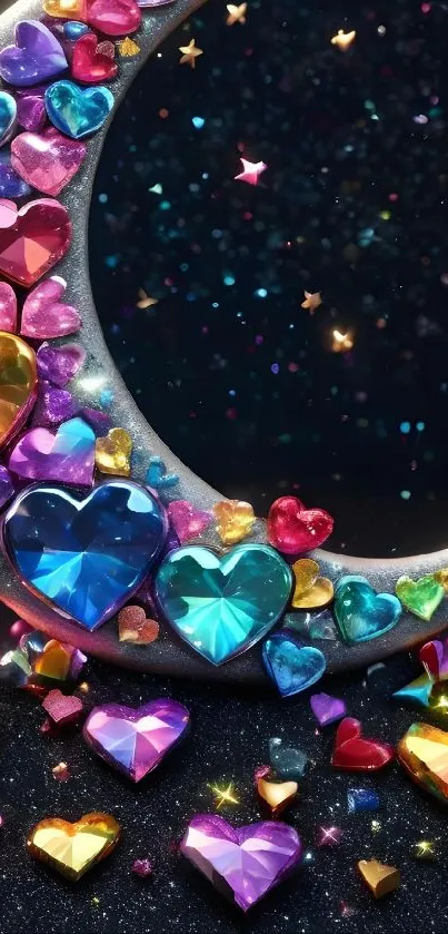 Colorful gem hearts forming crescent moon on a starry background.