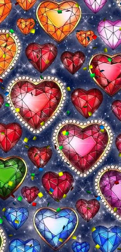 Colorful gemstone heart pattern wallpaper, ideal for mobile displays.