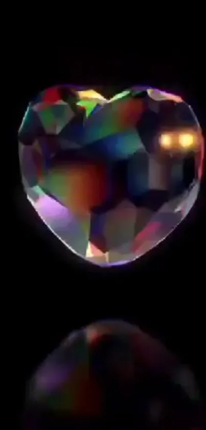 Heart-shaped gemstone with colorful reflections on a dark background.