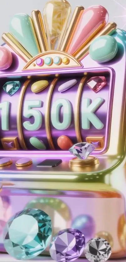 Colorful slot machine with gems and 150K display.