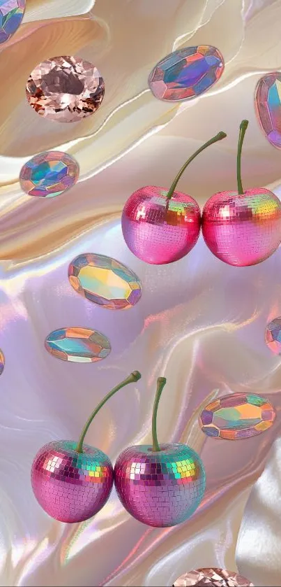 Shimmering cherries with colorful gems on a pearly background.