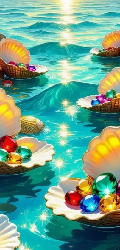Colorful gems in ocean shells reflecting sunlight.