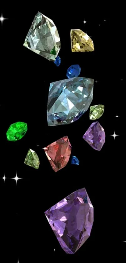 Mobile wallpaper with colorful gems on a black background.