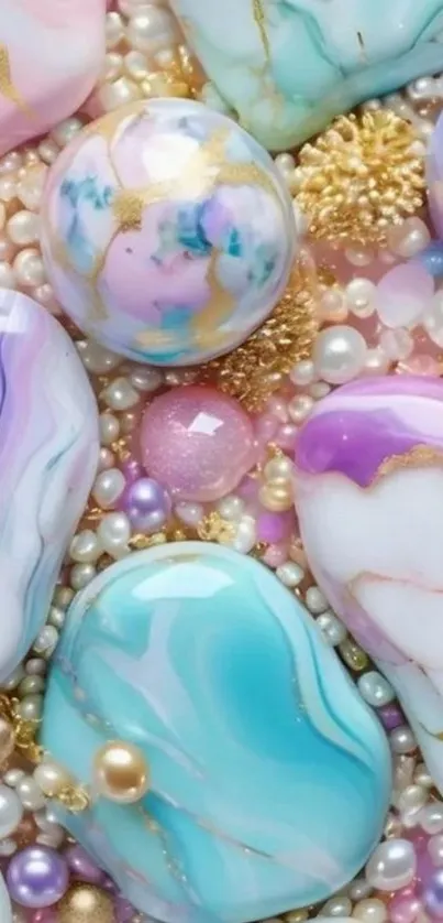 A vibrant wallpaper with colorful gemstones and pearls artfully arranged.