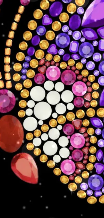 Colorful gemstone pattern on black background wallpaper.