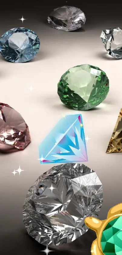 Colorful gemstones scattered on a dark gradient background.