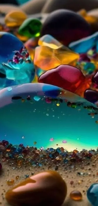 Vibrant and colorful gemstone reflections on sand.