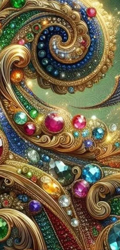 Vibrant gemstone art with colorful swirls and jewels.