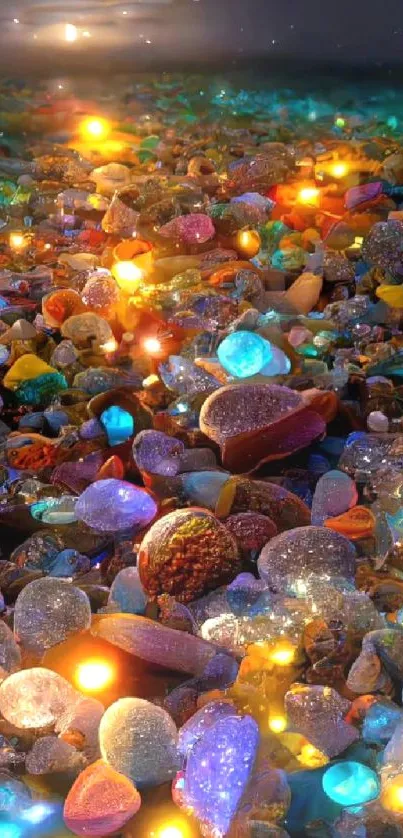 Colorful gemstones on a moonlit beach, glowing softly at night.