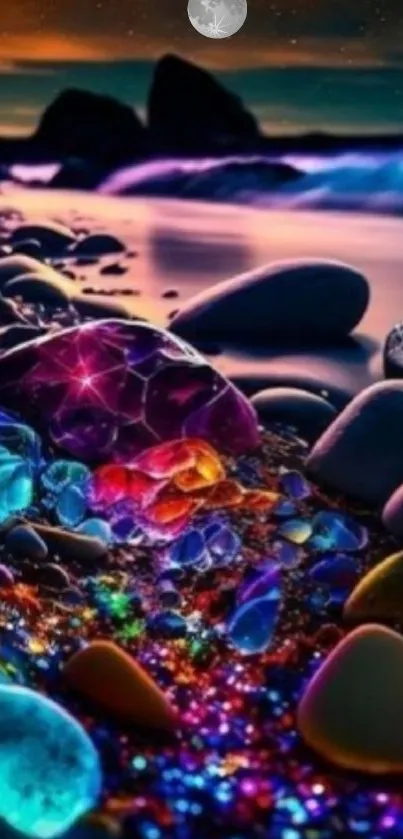 Colorful gemstones glowing on a tranquil, moonlit beach.