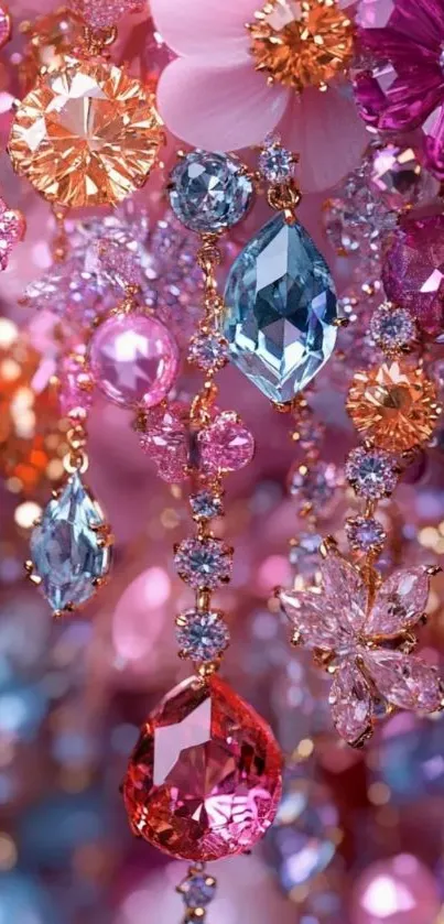 Colorful gemstone and floral arrangement wallpaper.
