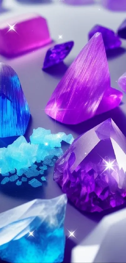 Vibrant mobile wallpaper with colorful gemstones in purple and blue hues.