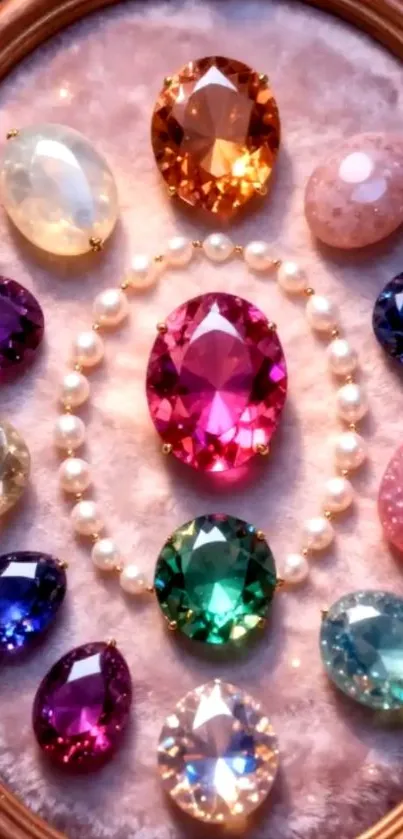 Colorful gemstone collection arranged in a decorative oval frame.