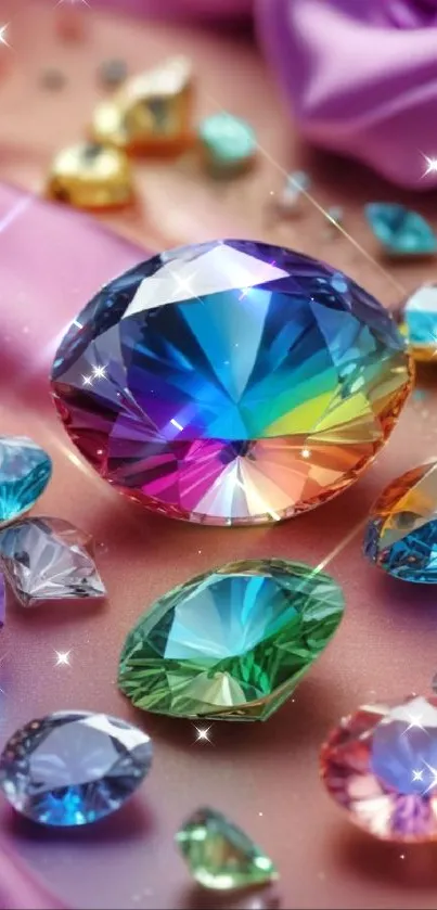 A colorful collection of gemstones on silky fabric.